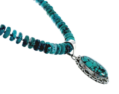 Native American Sterling Silver Turquoise Navajo Pendant Bead Necklace X10368